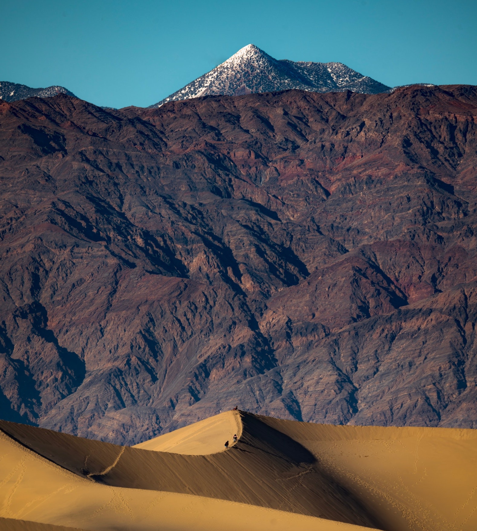 An image with a perspective of looking over the desert into a mountain range